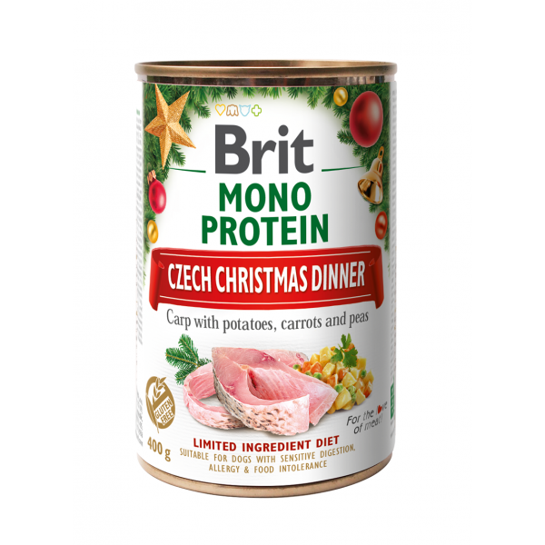 Conserva Brit Care Dog Monoprotein Christmas, cu crap, cartofi, morcovi si mazare, 400 gr