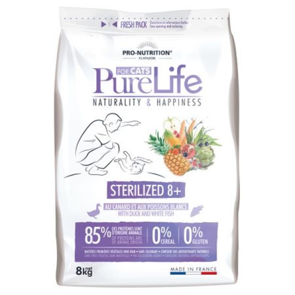 Hrana Uscata Pisici Grain Free PureLife Steriized 8+ Rata si Peste Alb 8 kg