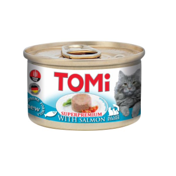 Hrana umeda pentru pisici, Tomi, Somon, SuperPremium, Grain Free, conserva 85 g
